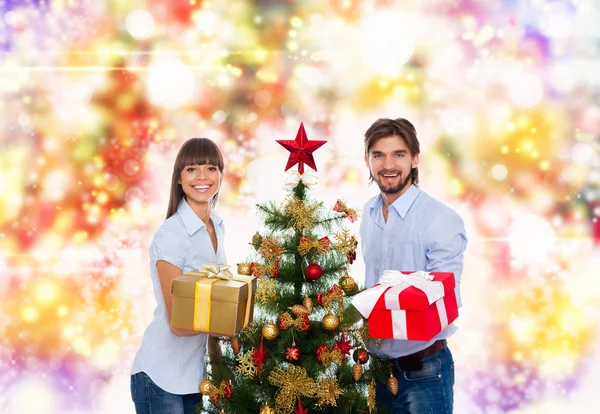 Christmas holiday happy couple, hold gift box present