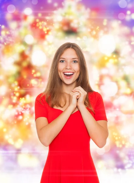 Surprised excited girl hold hands — Stock Photo, Image