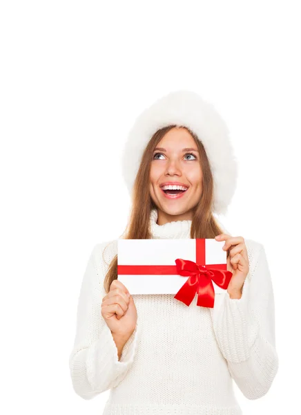 Winter girl happy smile hold red gift card — Stock Photo, Image