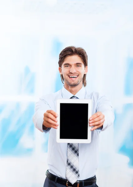 Business man happy smile hold tablet pad computer — Stock Photo, Image