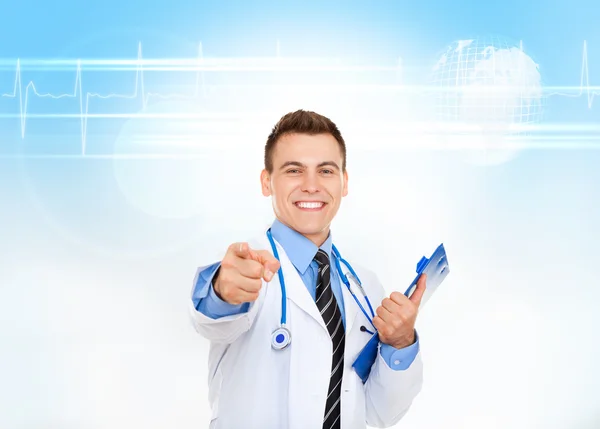 Young doctor point finger at you with stethoscope — Stock Photo, Image