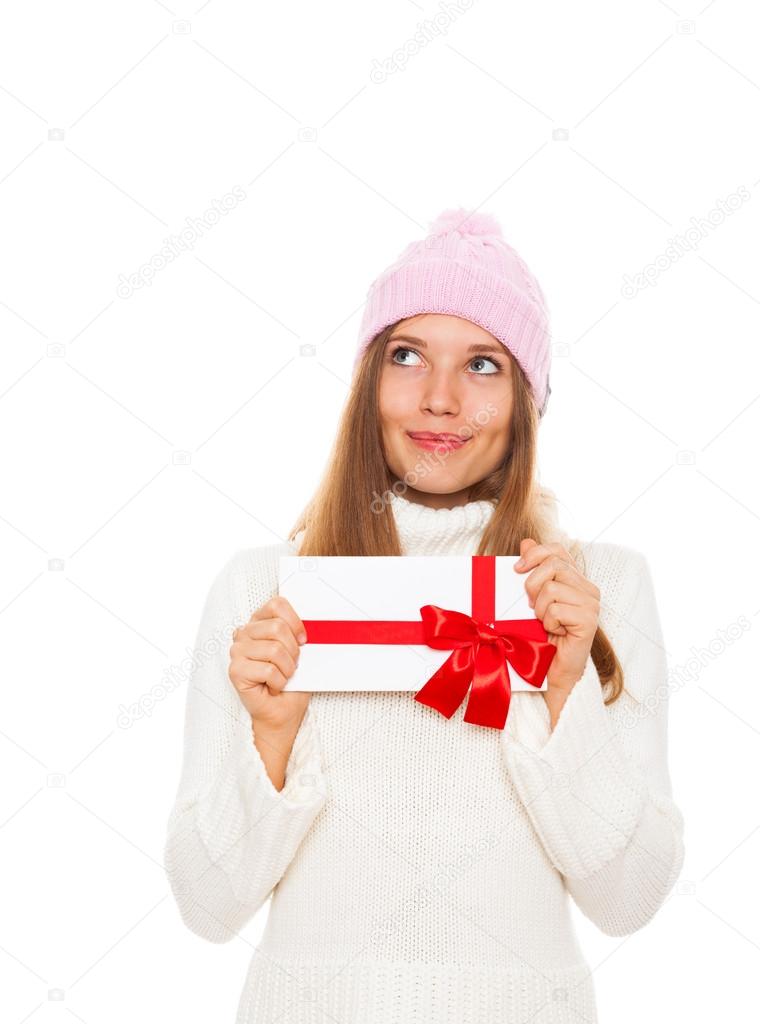 Winter girl happy smile hold red gift card