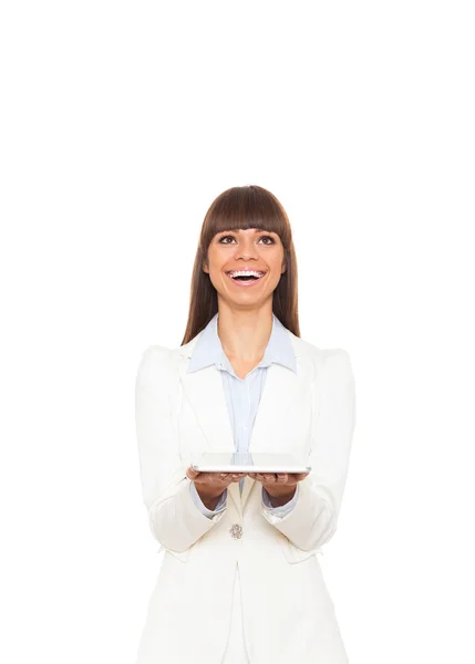 Business woman happy smile hold tablet pad computer — Stock Photo, Image