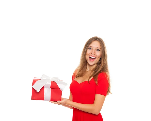손에 아주 흥분된 여성 행복 한 미소 보류 선물 상자 — 스톡 사진