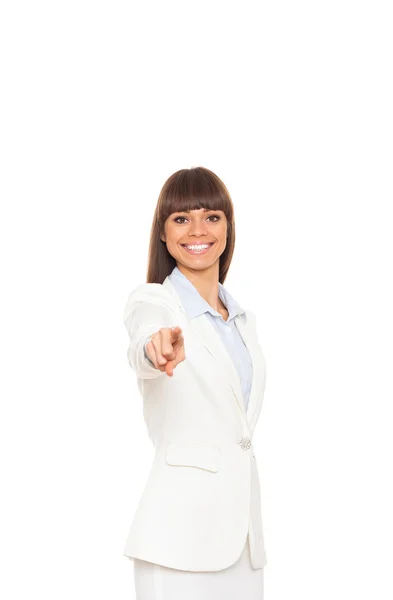 Business woman point finger at you looking at camera — Stock Photo, Image