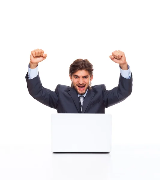 Successful excited business man with laptop — Stock Photo, Image