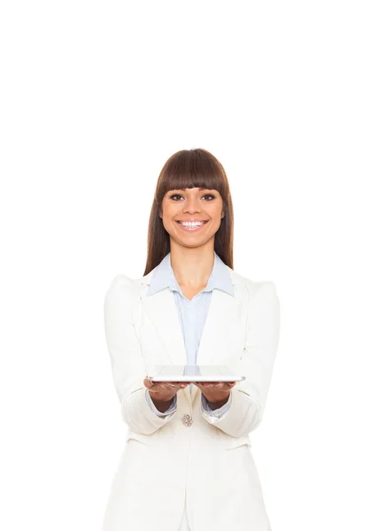 Mujer de negocios sonrisa feliz celebrar tablet pad ordenador — Foto de Stock