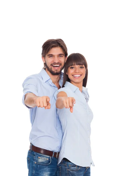 Happy couple love excited smiling point finger at you — Stock Photo, Image