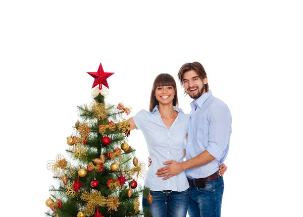 Christmas holiday happy couple, new year decorated tree — Stock Photo, Image