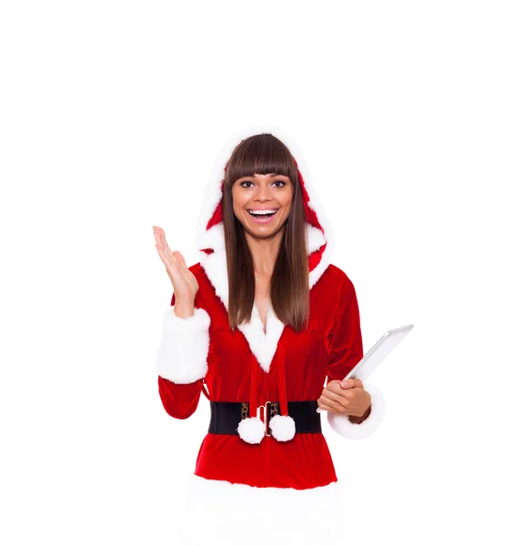 Weihnachten Mädchen glücklich lächeln halten Tablet-Pad-Computer — Stockfoto