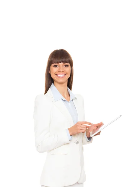 Mujer de negocios sonrisa feliz celebrar tablet pad ordenador — Foto de Stock