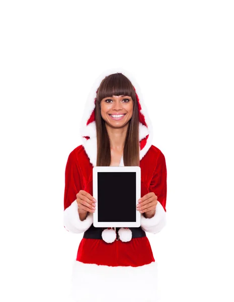 Natal menina feliz sorriso segurar tablet pad computador — Fotografia de Stock