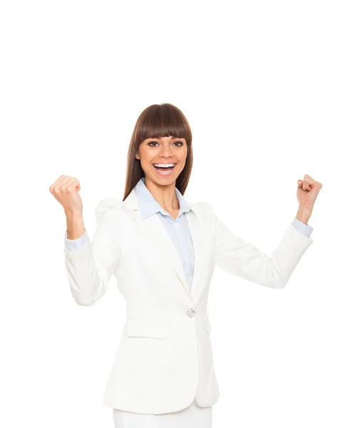 Mujer de negocios emocionada mantenga las manos en alto — Foto de Stock