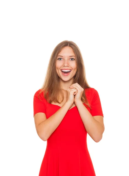 Teenage girl surprised excited hold hands — Stock Photo, Image