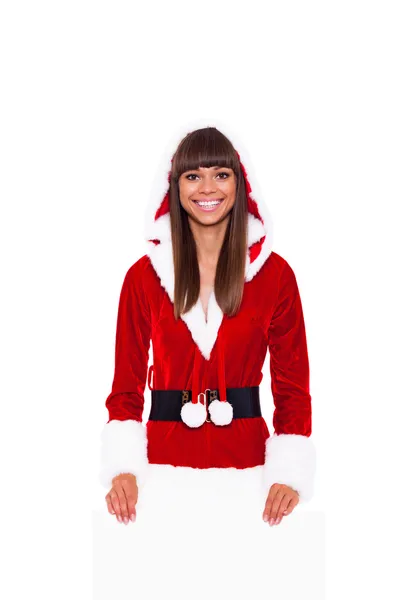 Navidad chica sonrisa mantener en blanco tablero vacío espacio de copia — Foto de Stock
