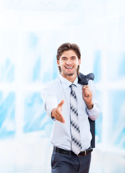 Businessman handshake, hold hand welcome gesture — Stock Photo, Image