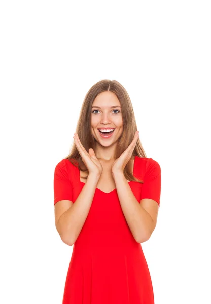 Excited young girl wear red dress — Stock Photo, Image