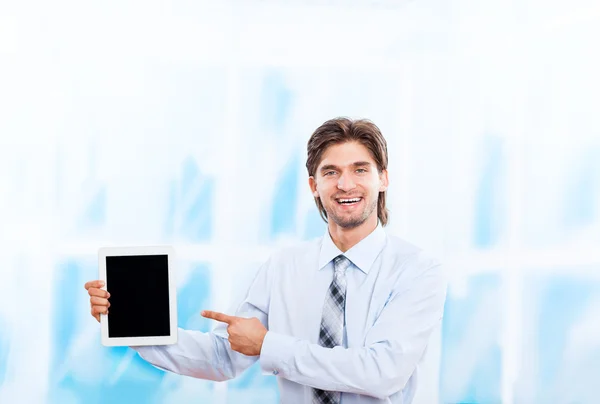 Business man happy smile hold tablet pad computer — Stock Photo, Image