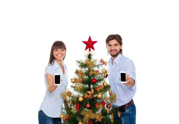 Christmas holiday happy couple, new year decorated tree — Stock Photo, Image