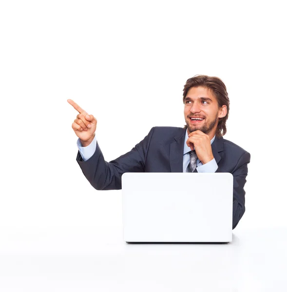 Businessman point finger side working using laptop — Stock Photo, Image