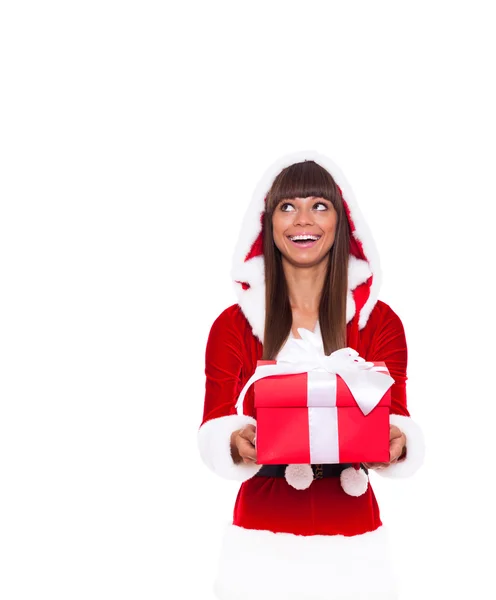 Christmas girl holding gift box present — Stock Photo, Image