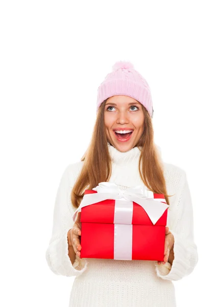 Winter girl happy smile holding present — Stock Photo, Image