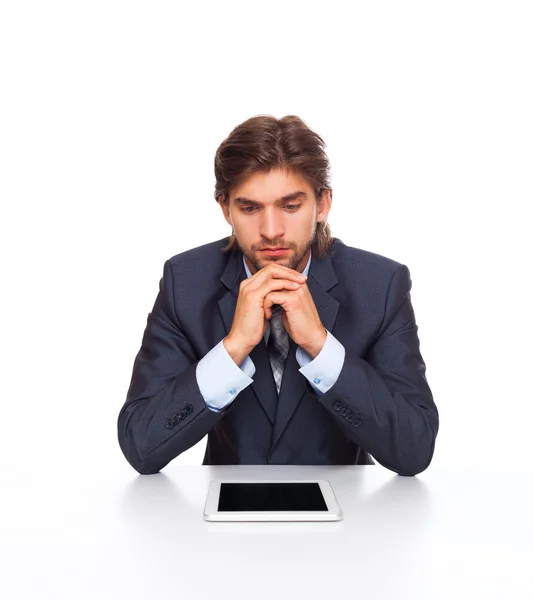 Businessman upset and serious problem with tablet pad computer — Stock Photo, Image