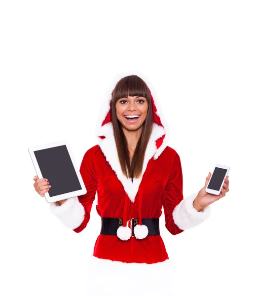 Navidad chica feliz sonrisa mantenga tableta almohadilla presente —  Fotos de Stock