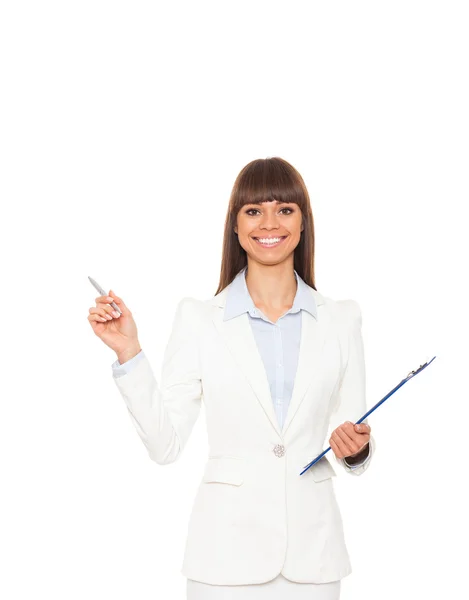 Businesswoman with smile, holding blue folder clipboard paper document — Stock Photo, Image