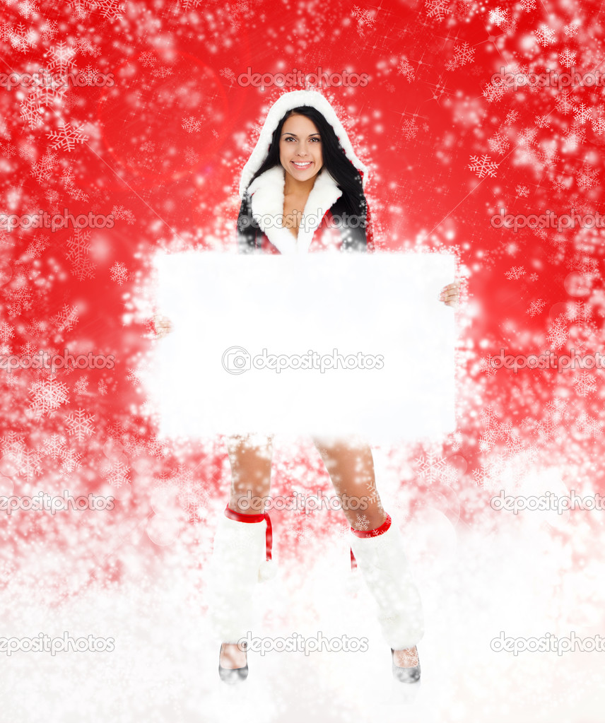 Woman wear Clause costume hold blank board