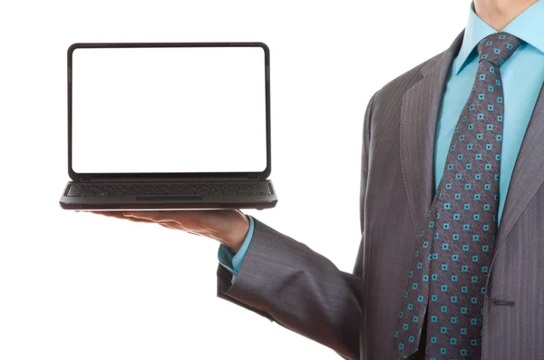 Business man die presenteert laptop — Stockfoto