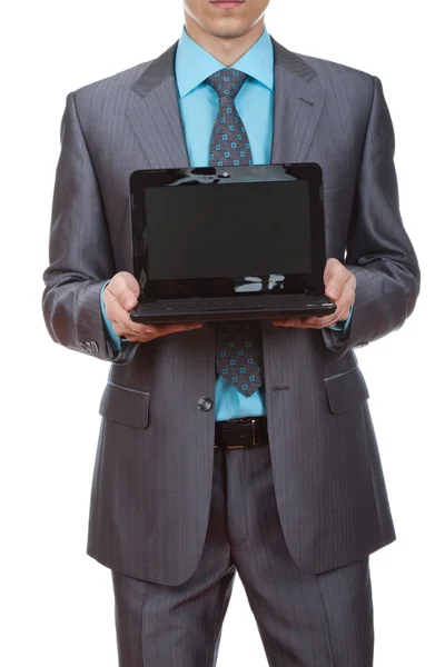 Business man die presenteert laptop — Stockfoto