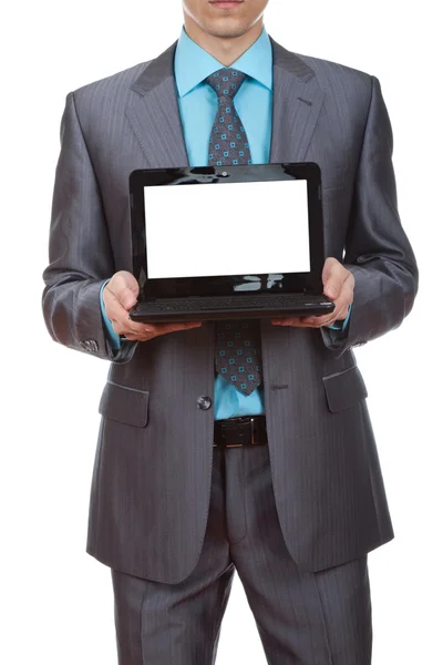 Man presenting laptop with isolated screen — Stock Photo, Image