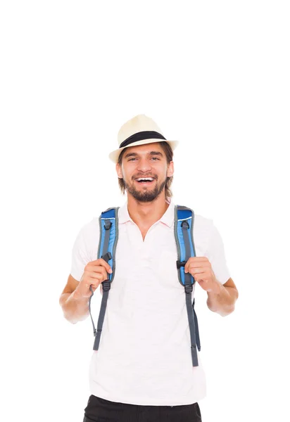 Man in hat with backpack — Stock Photo, Image