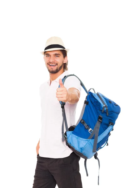 Man in hat with backpack — Stock Photo, Image