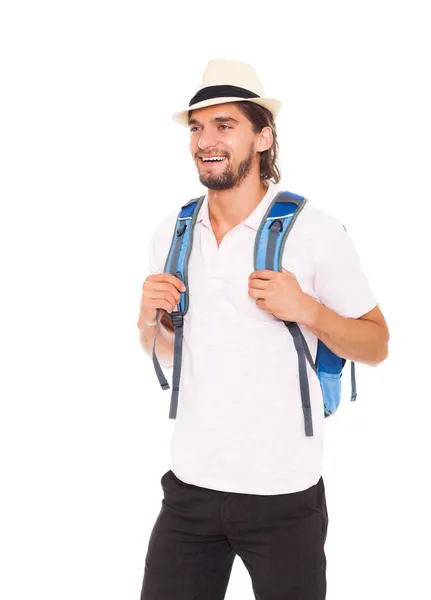 Muž v klobouku s batohem — Stock fotografie
