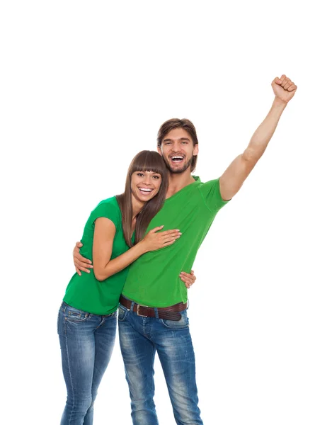 Homem e mulher vestem camisetas verdes — Fotografia de Stock