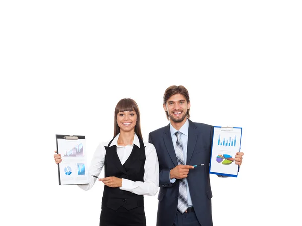 Business couple showing graphs — Stock Photo, Image