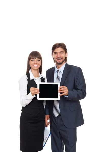 Casal de negócios mostrando tablet pc — Fotografia de Stock