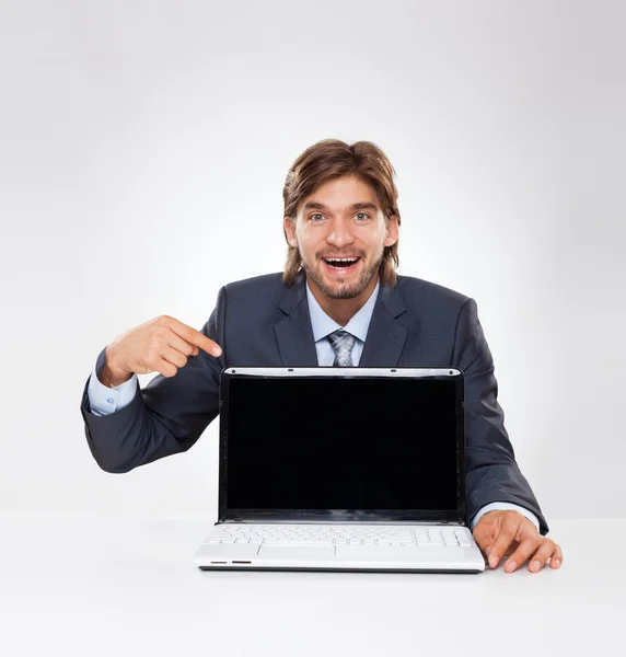 Zakenman wijzend op laptop scherm — Stockfoto