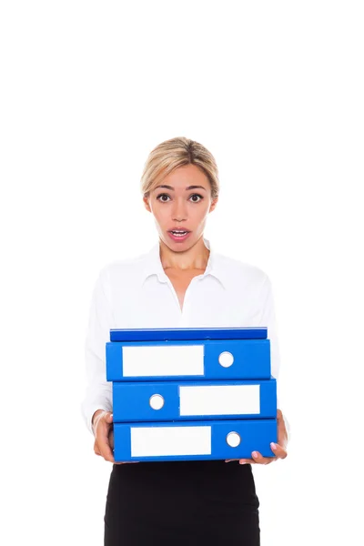 Businesswoman holding stack of folders — Stock Photo, Image