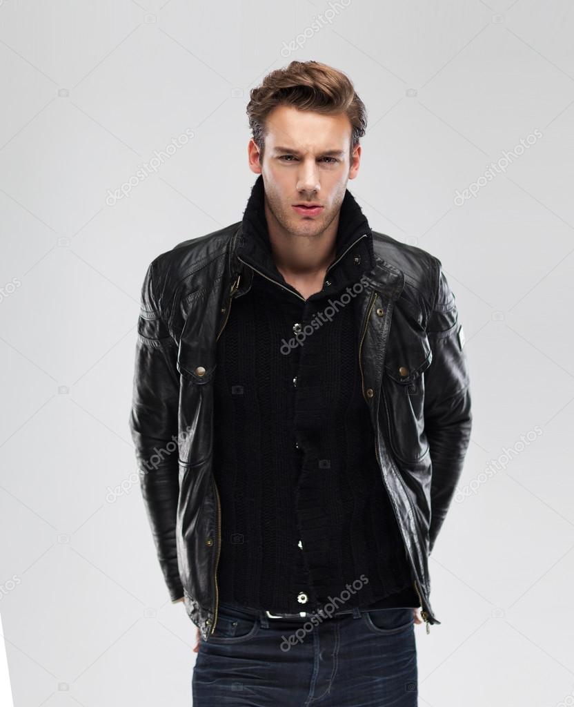man wearing leather jacket