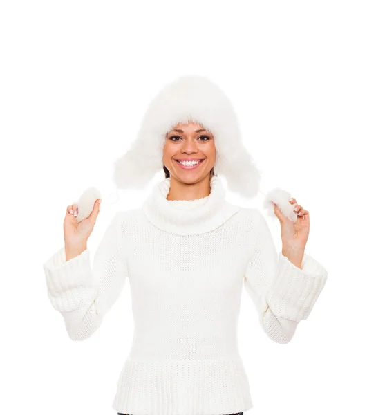Mulher excitada usando suéter e chapéu — Fotografia de Stock