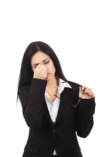 Businesswoman tired eyes glasses problem — Stock Photo, Image