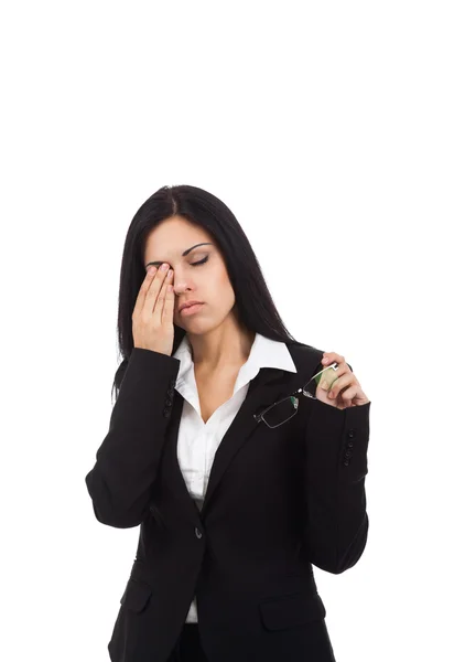 Businesswoman tired eyes glasses problem — Stock Photo, Image