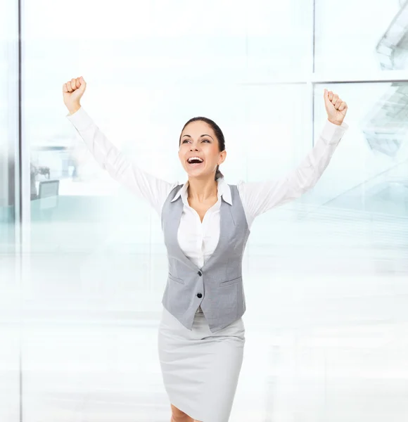 Businesswoman puts hands up — Stock Photo, Image