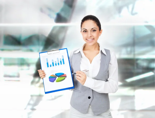 Smiling businesswoman  hold clipboard — Stock Photo, Image