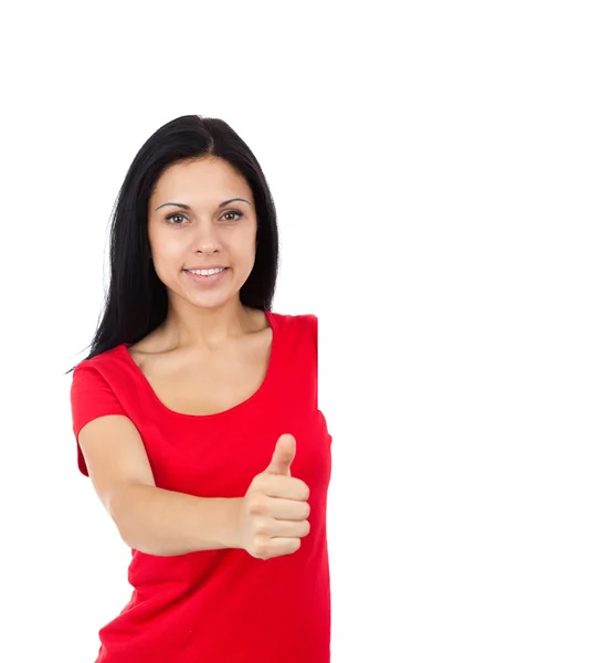 Mooie vrouw toont duim omhoog gebaar — Stockfoto