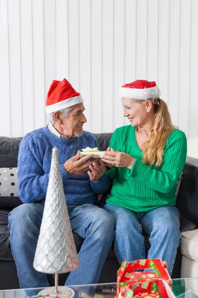 Senior couple with gift box — Stock Photo, Image