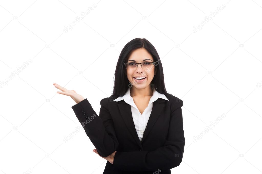 Businesswoman hold open palm